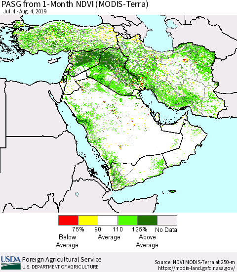 Middle East and Turkey PASG from 1-Month NDVI (Terra-MODIS) Thematic Map For 8/1/2019 - 8/10/2019