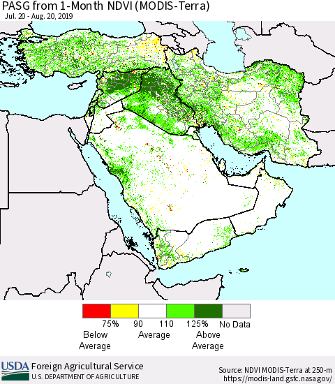 Middle East and Turkey PASG from 1-Month NDVI (Terra-MODIS) Thematic Map For 8/11/2019 - 8/20/2019