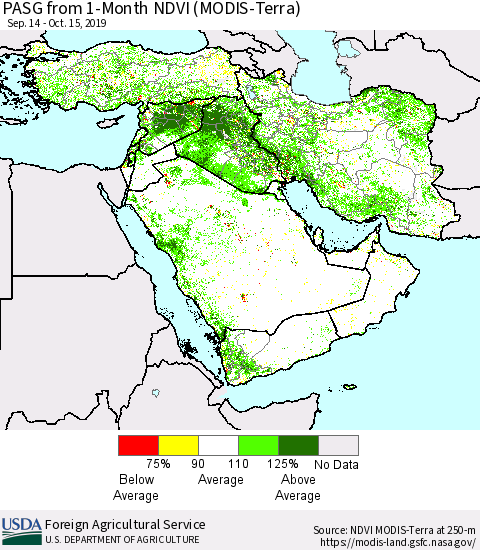 Middle East and Turkey PASG from 1-Month NDVI (Terra-MODIS) Thematic Map For 10/11/2019 - 10/20/2019