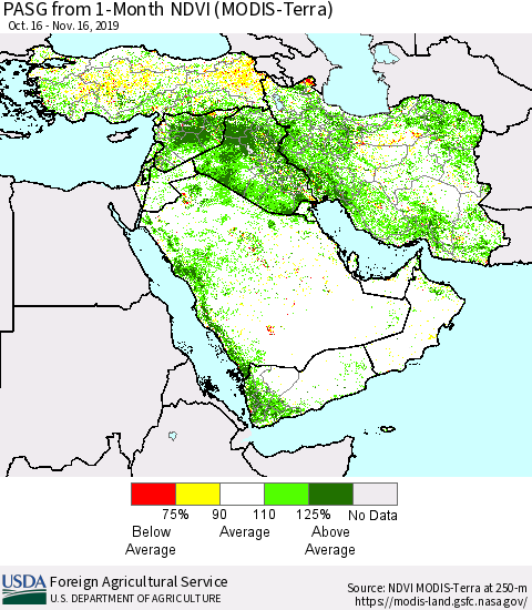 Middle East and Turkey PASG from 1-Month NDVI (Terra-MODIS) Thematic Map For 11/11/2019 - 11/20/2019