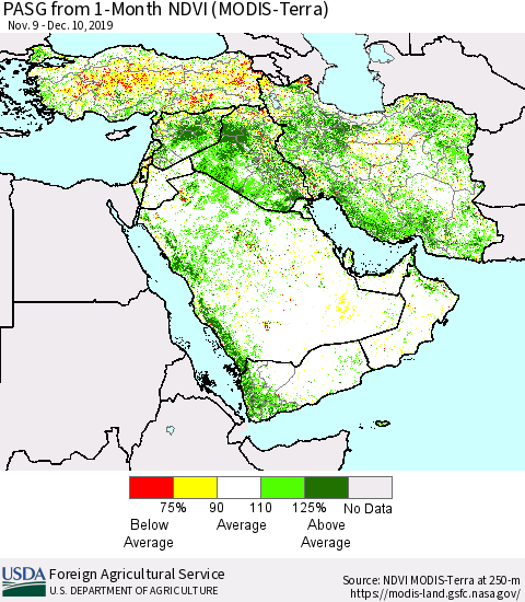 Middle East and Turkey PASG from 1-Month NDVI (Terra-MODIS) Thematic Map For 12/1/2019 - 12/10/2019