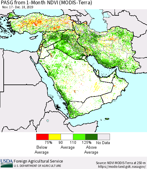 Middle East and Turkey PASG from 1-Month NDVI (Terra-MODIS) Thematic Map For 12/11/2019 - 12/20/2019