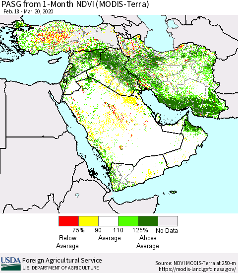 Middle East and Turkey PASG from 1-Month NDVI (Terra-MODIS) Thematic Map For 3/11/2020 - 3/20/2020