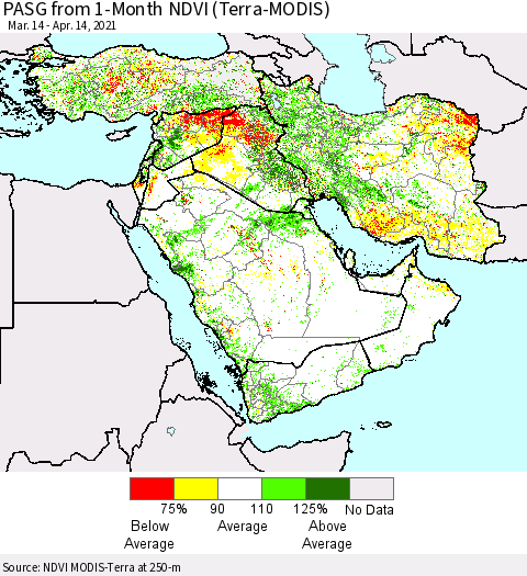 Middle East and Turkey PASG from 1-Month NDVI (Terra-MODIS) Thematic Map For 4/7/2021 - 4/14/2021