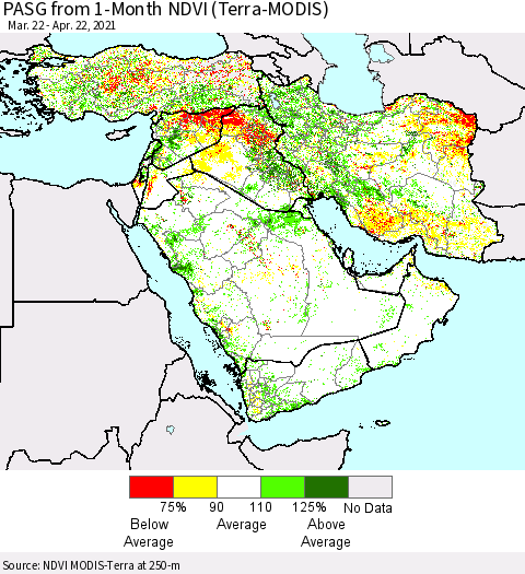 Middle East and Turkey PASG from 1-Month NDVI (Terra-MODIS) Thematic Map For 4/15/2021 - 4/22/2021