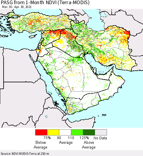 Middle East and Turkey PASG from 1-Month NDVI (Terra-MODIS) Thematic Map For 4/23/2021 - 4/30/2021