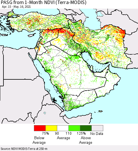 Middle East and Turkey PASG from 1-Month NDVI (Terra-MODIS) Thematic Map For 5/9/2021 - 5/16/2021