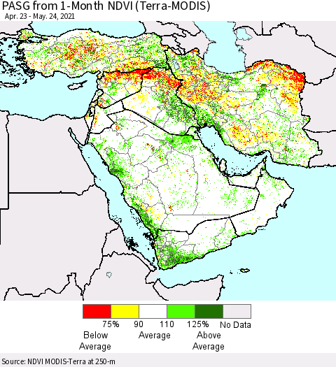 Middle East and Turkey PASG from 1-Month NDVI (Terra-MODIS) Thematic Map For 5/17/2021 - 5/24/2021