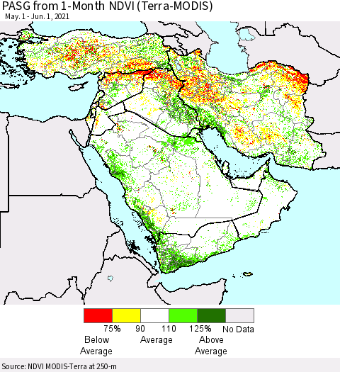 Middle East and Turkey PASG from 1-Month NDVI (Terra-MODIS) Thematic Map For 5/25/2021 - 6/1/2021