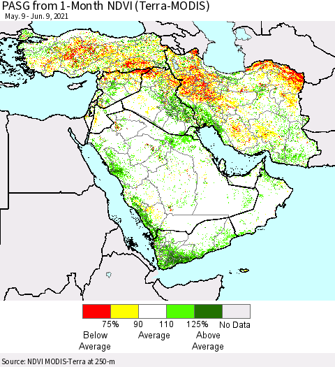 Middle East and Turkey PASG from 1-Month NDVI (Terra-MODIS) Thematic Map For 6/2/2021 - 6/9/2021