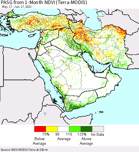 Middle East and Turkey PASG from 1-Month NDVI (Terra-MODIS) Thematic Map For 6/10/2021 - 6/17/2021