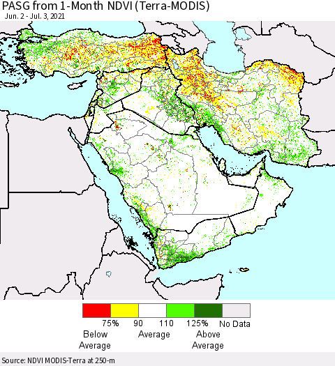 Middle East and Turkey PASG from 1-Month NDVI (Terra-MODIS) Thematic Map For 6/26/2021 - 7/3/2021
