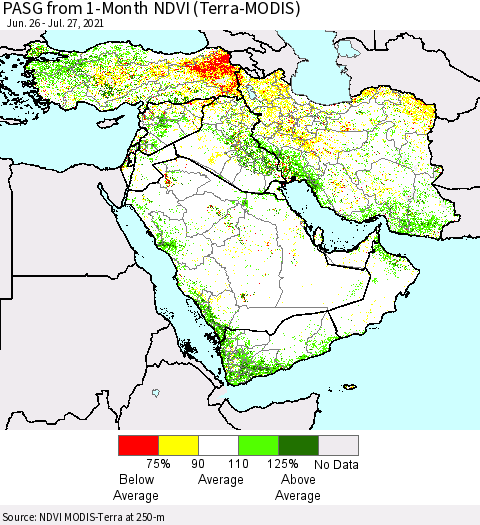 Middle East and Turkey PASG from 1-Month NDVI (Terra-MODIS) Thematic Map For 7/20/2021 - 7/27/2021