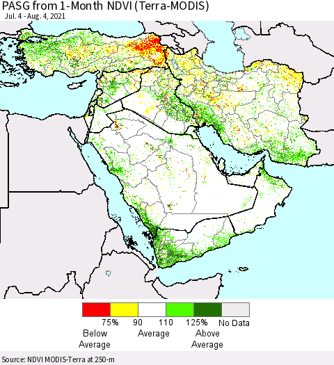 Middle East and Turkey PASG from 1-Month NDVI (Terra-MODIS) Thematic Map For 7/28/2021 - 8/4/2021