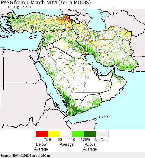 Middle East and Turkey PASG from 1-Month NDVI (Terra-MODIS) Thematic Map For 8/5/2021 - 8/12/2021