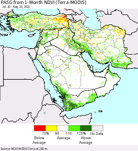 Middle East and Turkey PASG from 1-Month NDVI (Terra-MODIS) Thematic Map For 8/13/2021 - 8/20/2021