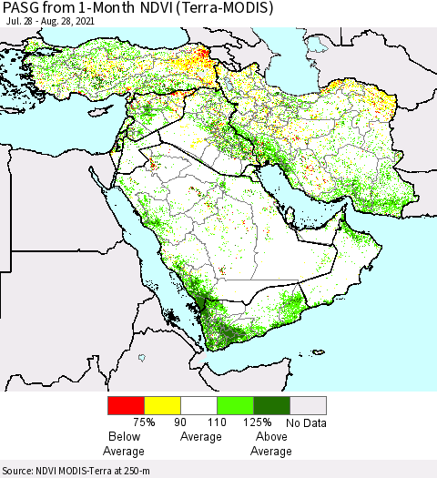 Middle East and Turkey PASG from 1-Month NDVI (Terra-MODIS) Thematic Map For 8/21/2021 - 8/28/2021