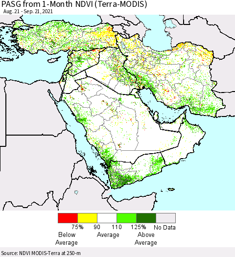 Middle East and Turkey PASG from 1-Month NDVI (Terra-MODIS) Thematic Map For 9/14/2021 - 9/21/2021