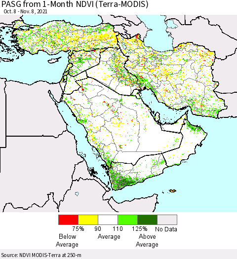 Middle East and Turkey PASG from 1-Month NDVI (Terra-MODIS) Thematic Map For 11/1/2021 - 11/8/2021