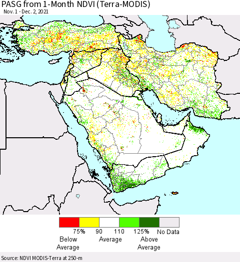 Middle East and Turkey PASG from 1-Month NDVI (Terra-MODIS) Thematic Map For 11/25/2021 - 12/2/2021