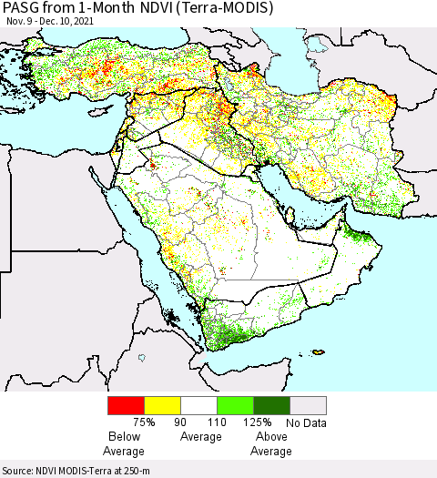 Middle East and Turkey PASG from 1-Month NDVI (Terra-MODIS) Thematic Map For 12/3/2021 - 12/10/2021