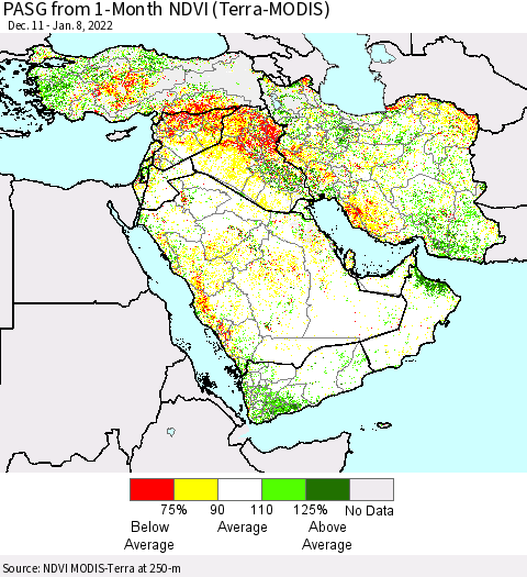 Middle East and Turkey PASG from 1-Month NDVI (Terra-MODIS) Thematic Map For 1/1/2022 - 1/8/2022
