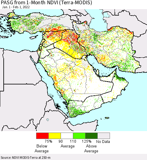 Middle East and Turkey PASG from 1-Month NDVI (Terra-MODIS) Thematic Map For 1/25/2022 - 2/1/2022