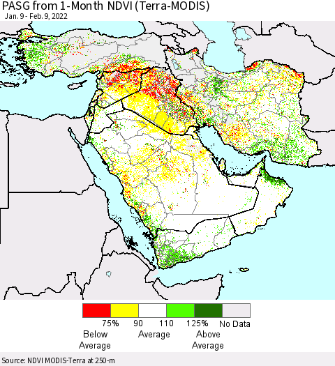 Middle East and Turkey PASG from 1-Month NDVI (Terra-MODIS) Thematic Map For 2/2/2022 - 2/9/2022