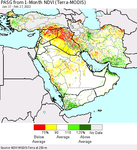 Middle East and Turkey PASG from 1-Month NDVI (Terra-MODIS) Thematic Map For 2/10/2022 - 2/17/2022