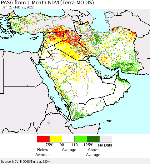 Middle East and Turkey PASG from 1-Month NDVI (Terra-MODIS) Thematic Map For 2/18/2022 - 2/25/2022