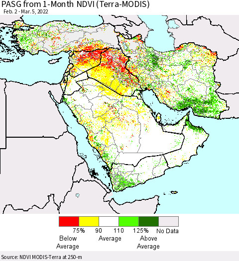 Middle East and Turkey PASG from 1-Month NDVI (Terra-MODIS) Thematic Map For 2/26/2022 - 3/5/2022