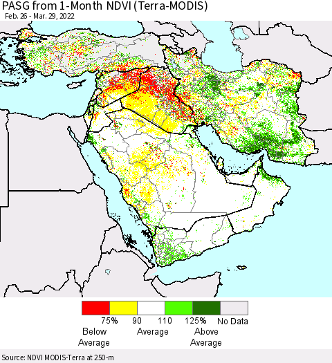 Middle East and Turkey PASG from 1-Month NDVI (Terra-MODIS) Thematic Map For 3/22/2022 - 3/29/2022
