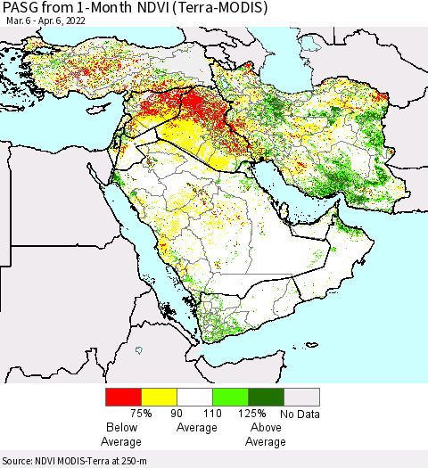 Middle East and Turkey PASG from 1-Month NDVI (Terra-MODIS) Thematic Map For 3/30/2022 - 4/6/2022