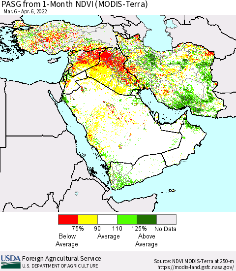 Middle East and Turkey PASG from 1-Month NDVI (Terra-MODIS) Thematic Map For 4/1/2022 - 4/10/2022