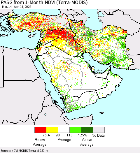 Middle East and Turkey PASG from 1-Month NDVI (Terra-MODIS) Thematic Map For 4/7/2022 - 4/14/2022