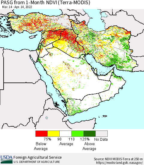 Middle East and Turkey PASG from 1-Month NDVI (Terra-MODIS) Thematic Map For 4/11/2022 - 4/20/2022