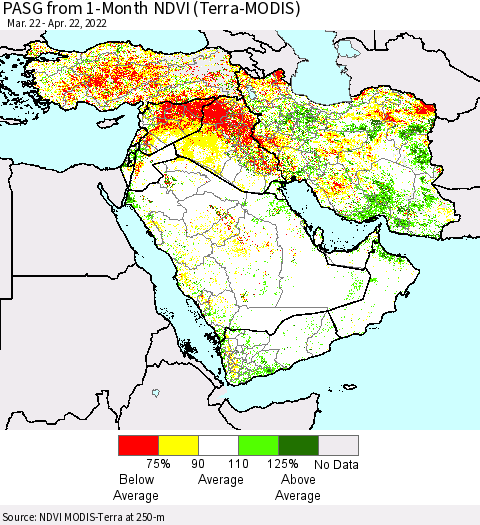 Middle East and Turkey PASG from 1-Month NDVI (Terra-MODIS) Thematic Map For 4/15/2022 - 4/22/2022