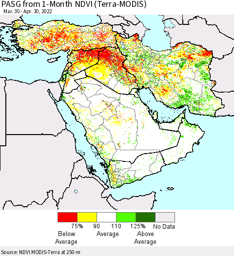 Middle East and Turkey PASG from 1-Month NDVI (Terra-MODIS) Thematic Map For 4/23/2022 - 4/30/2022