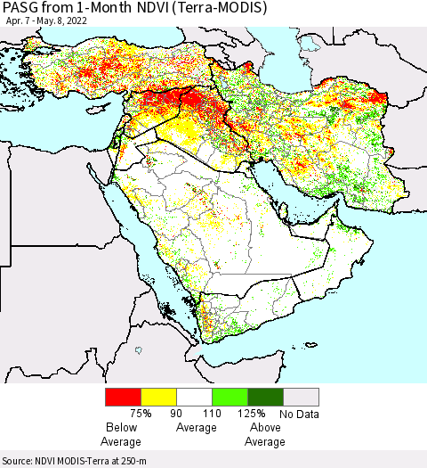 Middle East and Turkey PASG from 1-Month NDVI (Terra-MODIS) Thematic Map For 5/1/2022 - 5/8/2022