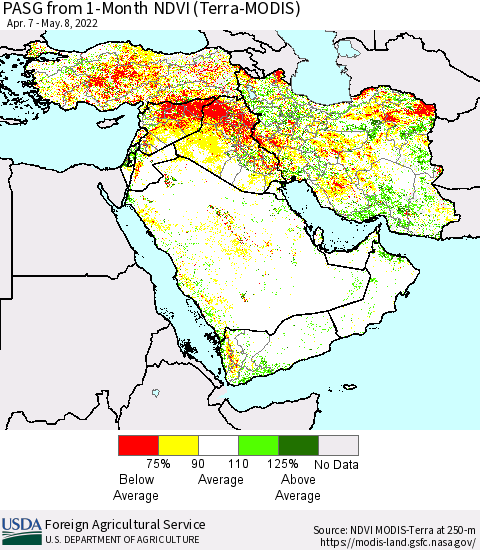 Middle East and Turkey PASG from 1-Month NDVI (Terra-MODIS) Thematic Map For 5/1/2022 - 5/10/2022
