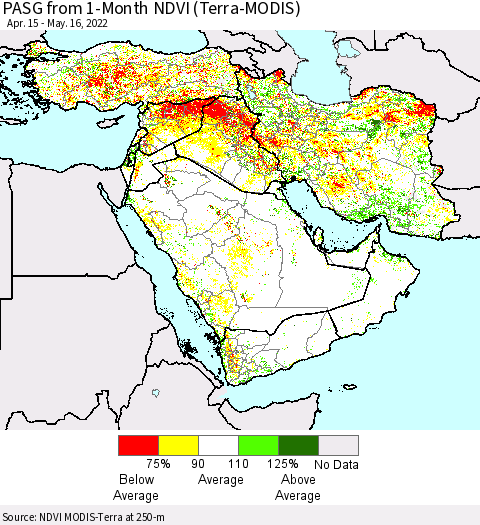 Middle East and Turkey PASG from 1-Month NDVI (Terra-MODIS) Thematic Map For 5/9/2022 - 5/16/2022
