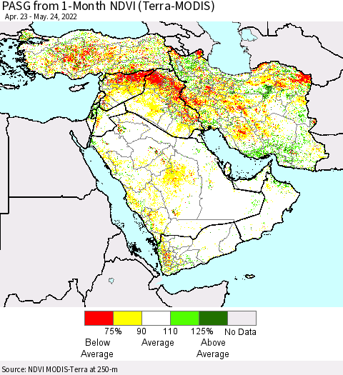 Middle East and Turkey PASG from 1-Month NDVI (Terra-MODIS) Thematic Map For 5/17/2022 - 5/24/2022