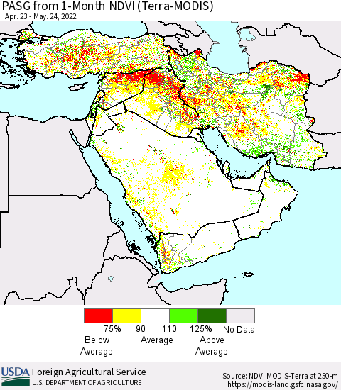 Middle East and Turkey PASG from 1-Month NDVI (Terra-MODIS) Thematic Map For 5/21/2022 - 5/31/2022