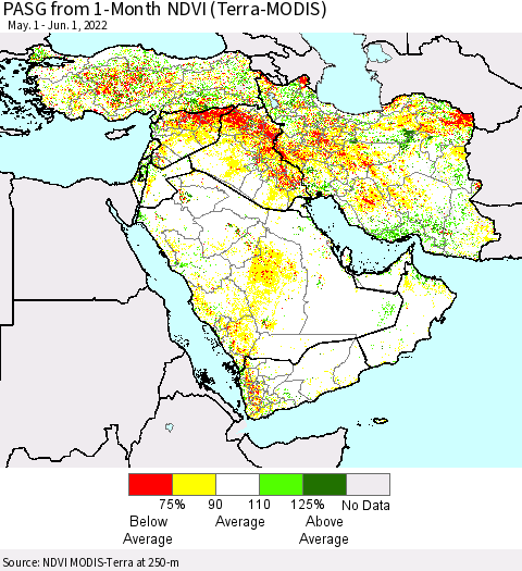 Middle East and Turkey PASG from 1-Month NDVI (Terra-MODIS) Thematic Map For 5/25/2022 - 6/1/2022