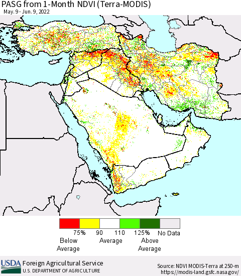 Middle East and Turkey PASG from 1-Month NDVI (Terra-MODIS) Thematic Map For 6/1/2022 - 6/10/2022