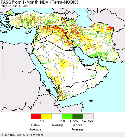 Middle East and Turkey PASG from 1-Month NDVI (Terra-MODIS) Thematic Map For 6/10/2022 - 6/17/2022