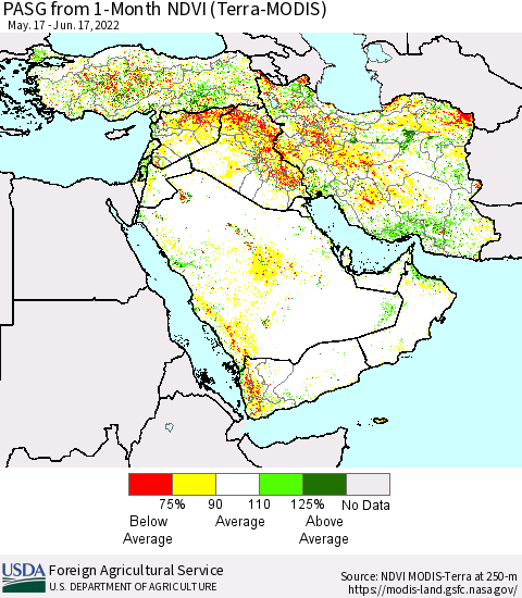 Middle East and Turkey PASG from 1-Month NDVI (Terra-MODIS) Thematic Map For 6/11/2022 - 6/20/2022