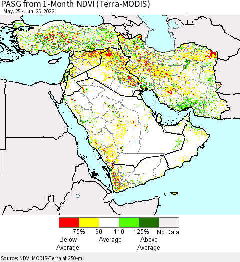 Middle East and Turkey PASG from 1-Month NDVI (Terra-MODIS) Thematic Map For 6/18/2022 - 6/25/2022