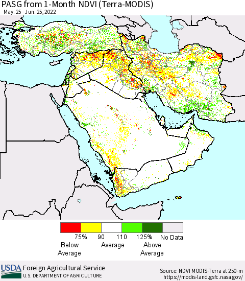 Middle East and Turkey PASG from 1-Month NDVI (Terra-MODIS) Thematic Map For 6/21/2022 - 6/30/2022