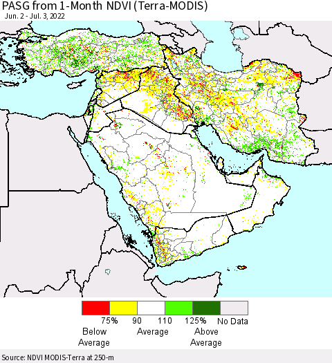 Middle East and Turkey PASG from 1-Month NDVI (Terra-MODIS) Thematic Map For 6/26/2022 - 7/3/2022